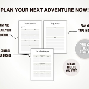 May include: A printable travel planner with sections for a travel journal, trip notes, and a vacation budget. The text "Plan your next adventure now!" is at the top of the page. The text "Print and create your journal" is on the left side of the page. The text "Take control of your budget" is at the bottom left of the page. The text "Plan your trips in detail" is on the right side of the page. The text "Stress free travel" is in a circle on the right side of the page. The text "Create the life you want" is at the bottom right of the page.