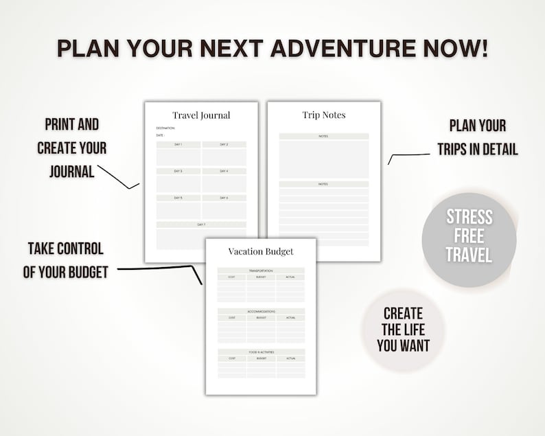 May include: A printable travel planner with sections for a travel journal, trip notes, and a vacation budget. The text "Plan your next adventure now!" is at the top of the page. The text "Print and create your journal" is on the left side of the page. The text "Take control of your budget" is at the bottom left of the page. The text "Plan your trips in detail" is on the right side of the page. The text "Stress free travel" is in a circle on the right side of the page. The text "Create the life you want" is at the bottom right of the page.