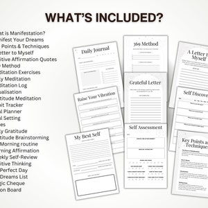 Puede incluir: Un cuaderno de trabajo imprimible con fondo blanco y texto negro. El cuaderno incluye p&aacute;ginas para el diario diario, el establecimiento de objetivos, ejercicios de gratitud y el autodescubrimiento. El t&iacute;tulo del cuaderno de trabajo es "What's Included?"