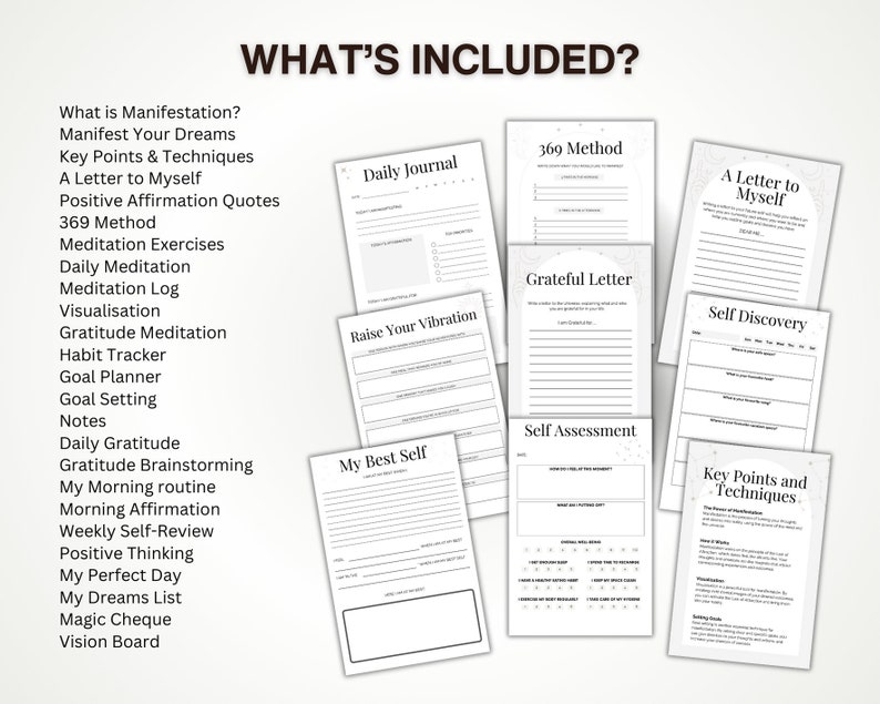 Puede incluir: Un cuaderno de trabajo imprimible con fondo blanco y texto negro. El cuaderno incluye p&aacute;ginas para el diario diario, el establecimiento de objetivos, ejercicios de gratitud y el autodescubrimiento. El t&iacute;tulo del cuaderno de trabajo es "What's Included?"