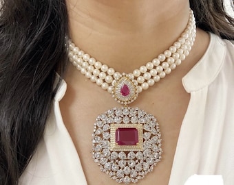 Ruby Red American Diamond & Pearl Necklace Set/Cocktail Set/CZ Jewelry Set/Cubic Zirconia/Indian Wedding Jewelry Set