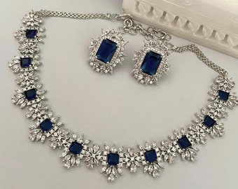 Sapphire Blue Diamond Necklace Set/Indian Necklace Set/Indian Jewelry/Cubic Zirconium Necklace Set/Wedding Necklace/CZ Necklace