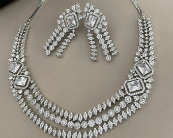 Diamond Set/American Diamond Set/CZ Set/Cocktail Necklace Set/Diamond Earrings/Cubic Zirconia/Indian Jewelry Set/Wedding Set