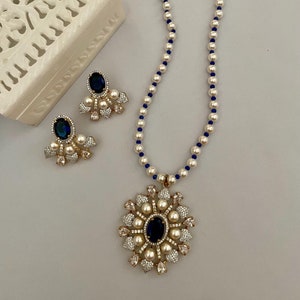 Sapphire Blue Diamond Set/American Diamond Set/CZ Pendant Set/Fine Jewelry/ Cocktail Set/Diamond Earrings/Cubic Zirconia/Indian Jewelry