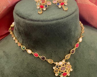 Small Navratan Jewelry Set/Multicolour Necklace Set/Cocktail Set/Bollywood Jewelry/Kundan Necklace Set/Indian Jewelry Set/Wedding Jewelry