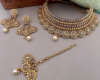 Bridal Jewelry Set/Gold Polki Choker Set/Next to Real Necklace Set/Gold Earrings/Wedding Jewelry/Indian Jewelry Set/Bollywood Jewelry