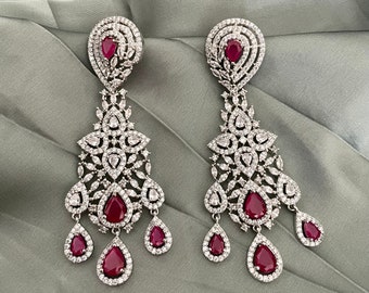 Ruby Red Diamond Earrings/Long Diamond Earrings/Indian Jewelry/Indian Earrings/CZ Earrings/American Diamond Earrings/Cocktail Earrings