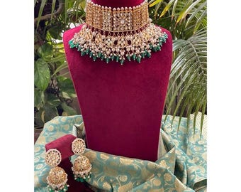 Set da sposa Kundan verde smeraldo/Set collana in oro/Set girocollo Kundan/Gioielli indiani/Gioielli di Bollywood/Jhumkas/Set gioielli da sposa/Bollywood