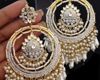 Diamentowe Chaandbali/Chandbalis/Indyjskie kolczyki/Biżuteria indyjska/Kundan kolczyki/Biżuteria designerska/Duże Chandbalis/Kolczyki z cyrkonii