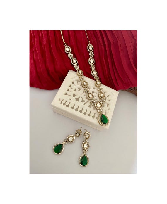 Parure antique en or/parure quartz vert et polki/Kundan et - Main Image