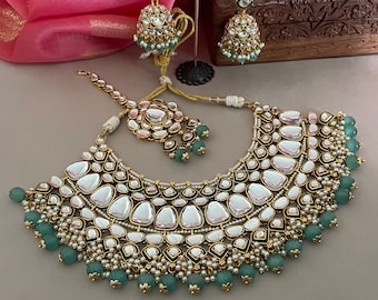 Indian Bridal Jewelry Set/Kundan Bridal Set/Mintgreen Kundan Necklace Set/Meenawork Set/Indian Jewelry/Bollywood Jewelry/Wedding Set