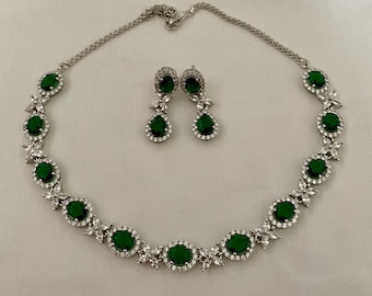 Emerald Green Diamond Jewelry Set/American Diamond Set/Small Diamond Set/CZ Necklace Set/ Cubic Zirconia Set/Cocktail Set/Indian Jewelry Set