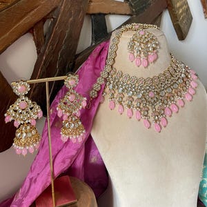 Pink Bridal Kundan Jewelry Set/Sheeshphool/Bollywood Kundan Necklace Set/Long Kundan Jhumkas/Indian Jewelry Set/Tika Set