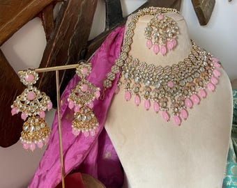 Ensemble de bijoux de mariée rose Kundan/Sheeshphool/Collier Bollywood Kundan/Long Kundan Jhumkas/Ensemble de bijoux indiens/Ensemble Tika