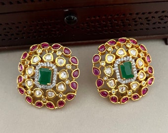 Kundan Earrings/Big Ruby Red and Emerald Green Kundan Earrings/Diamond Studs/Wedding Jewelry/Indian Jewelry/Indian Earrings/Bollywood