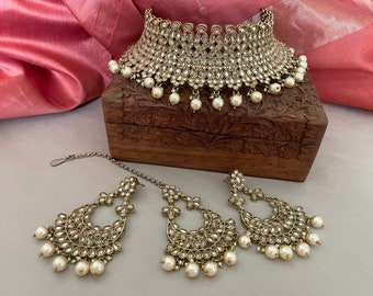 Gold Bridal Polki Jewelry Set/Bridal Choker Set/Bollywood Jewelry/Polki Necklace Set/Polki Chandbalis/Indian Jewelry Set/Tika Set