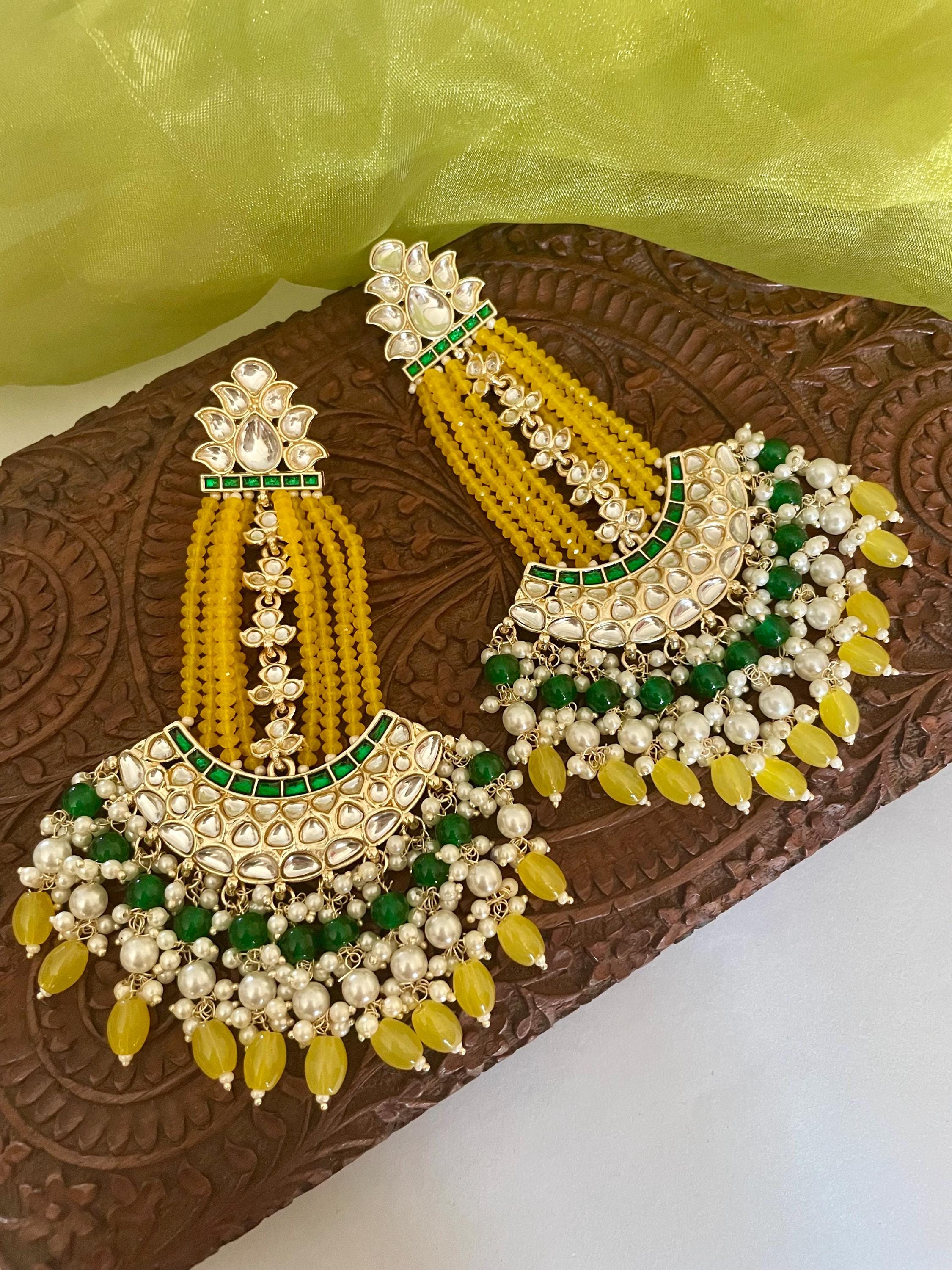 Green and Yellow Earrings/kundan Earrings/haldi Earrings - Main Image