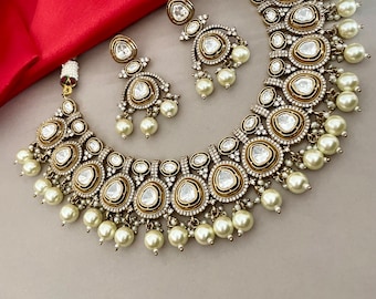 Mossanite Diamond Jewelry Set/Uncut Polki Necklace Set/Antique Gold Jewelry Set/CZ Jewelry Set/Bollywood Jewelry/Indian Jewelry Set