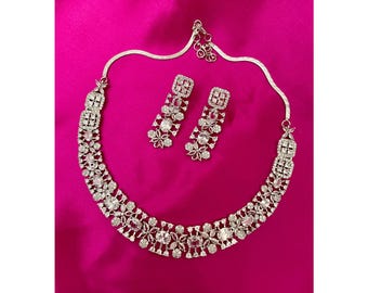 Clear Diamond Choker Set/American Diamond Set/Gift for Her/Cubic Zirconia Set/Cocktail Jewelry Set/Indian Jewelry/Wedding Set/Crystal Choker