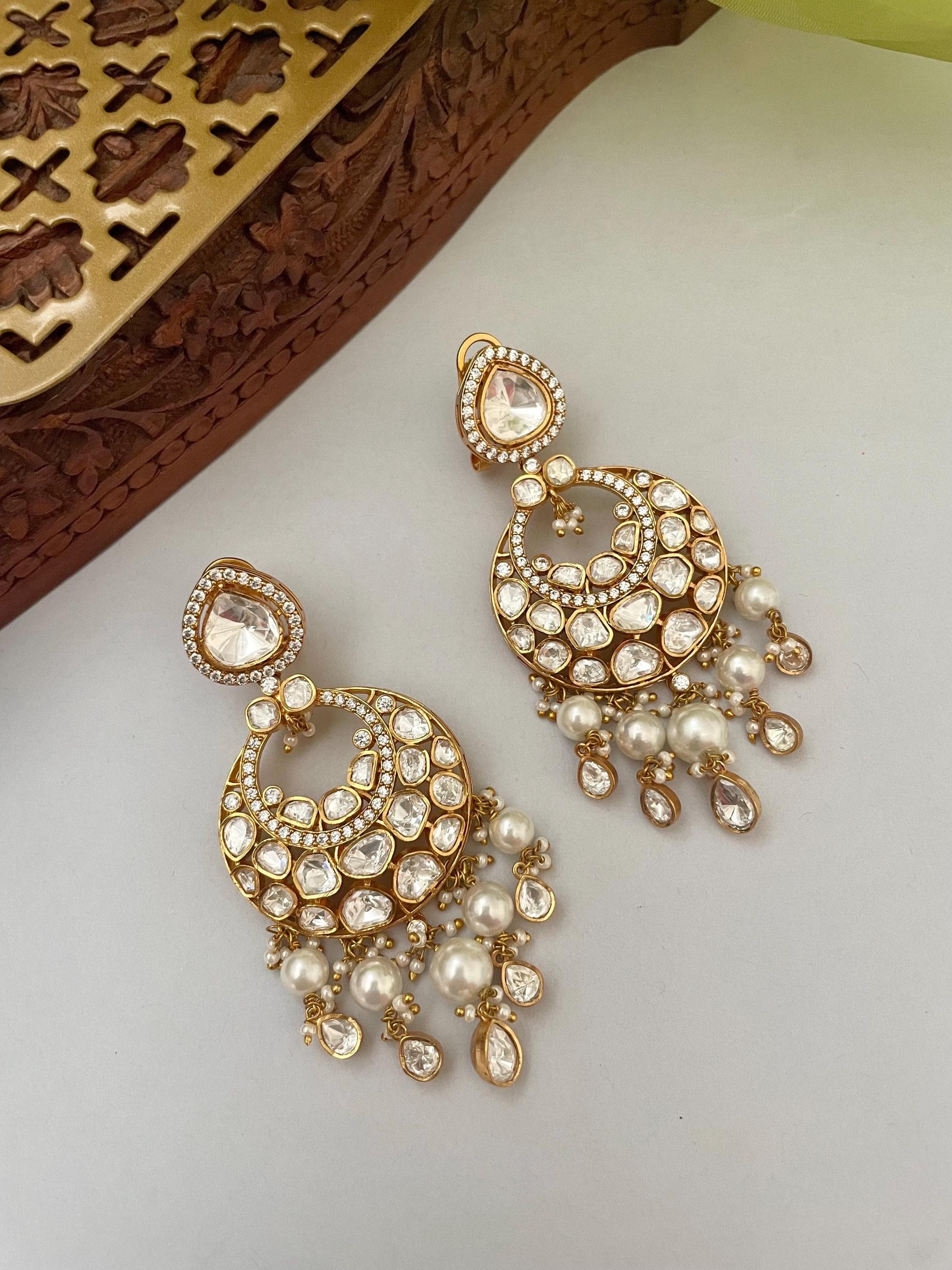 Quartz Polki Earrings/Uncut Polki Chandbalis/Fine Jewelry/Designer Earrings/CZ Earrings/Wedding Earrings/Indian Jewelry/Indian Earrings