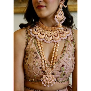 Pink Rosegold Indian Bridal Jewelry Set/Full Bridal Set/Designer Bridal Set/Bridal Kundan Necklace Set/Indian Jewelry/Wedding Set