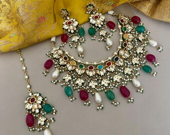 Navratan Jewelry Set/Fine Jewelry/Multicolour Necklace Set/Designer Jewelry/Bollywood Jewelry/Kundan Choker Set/Indian Jewelry Set/Tika Set
