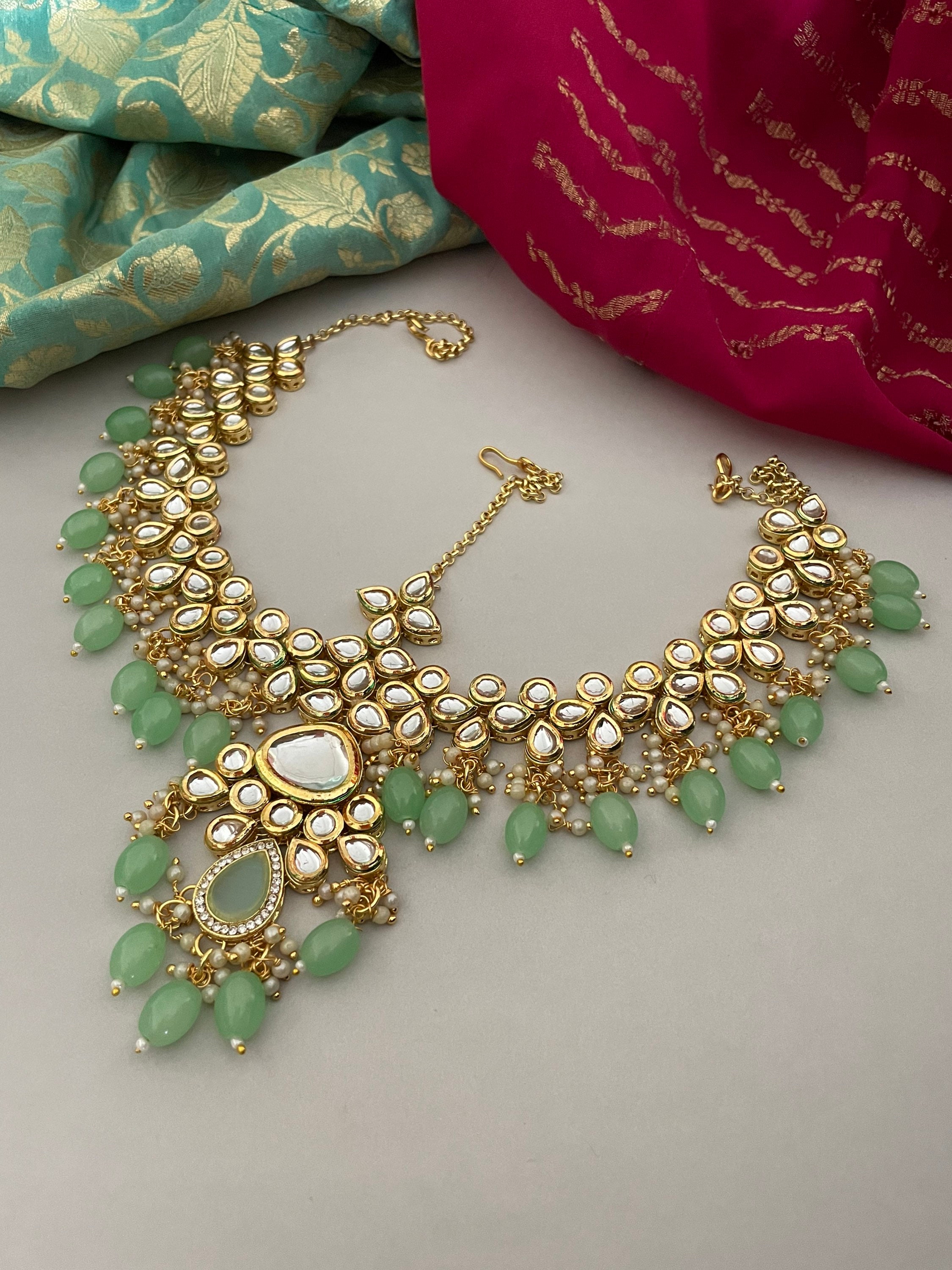 Indian Bridal Jewelry Set/full Bridal Set/mintgreen Kundan Necklace Set