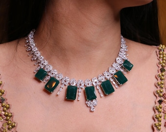 Premium-Qualität / Designer CZ Set / Emerald Grün und Diamant Set / American Diamond Smaragd Set / Cubic Zirkonia Set / indisches Schmuckset / Hochzeitsset