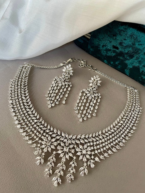 Diamond Set/American Diamond Set/CZ Set/Cocktail Necklace Set/Diamond Earrings/Cubic Zirconia/Indian Jewelry Set/Wedding Set
