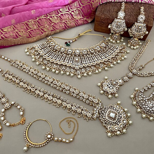 Indian Bridal Jewelry Set/Full Bridal Set/White Kundan Necklace Set/Jhumkas/Bollywood Jewelry/Indian Jewelry/Kaanchain Earrings/Wedding Set