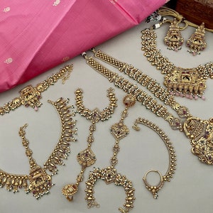 Gold Bridal Jewelry Set/Full Bridal Set/Full South Indian Bridal Necklace Set/Temple Bridal Set/Indian Jewelry/Bollywood Jewelry