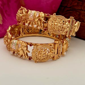 Ruby Lakshmi and Elephant Temple Bangles/Wedding Bangles/Indian Kadas/Amrapali Bangles/South Indian Jewelry/Openable Bangles/Meenakari Kadas