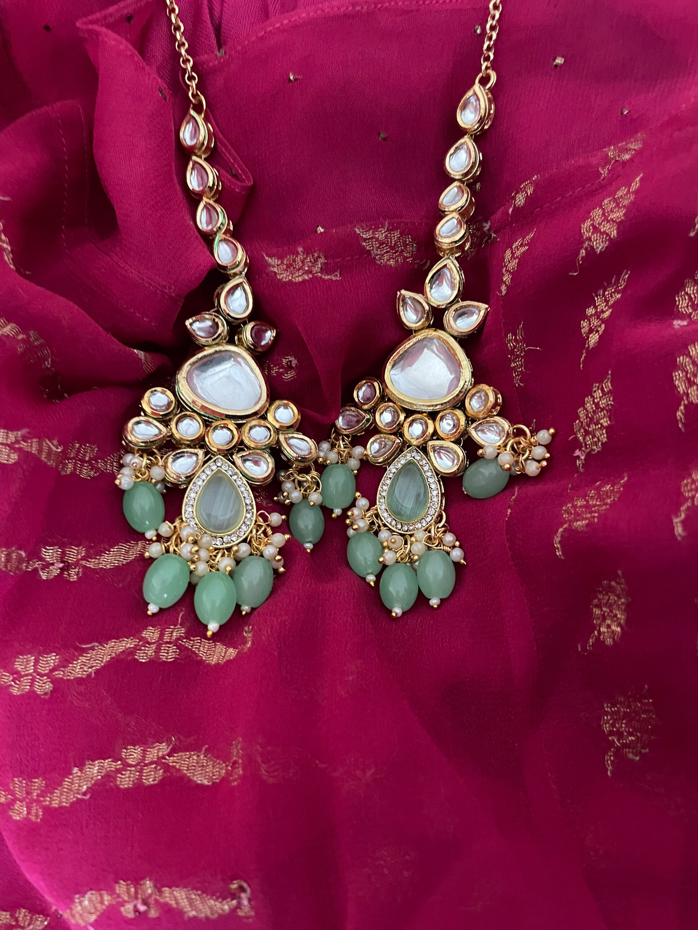 Indian Bridal Jewelry Set/full Bridal Set/mintgreen Kundan Necklace Set