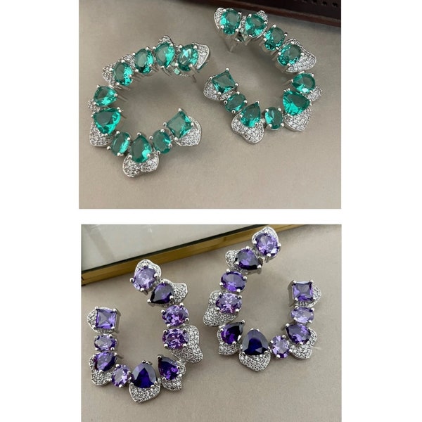 Purple CZ Diamond Studs/Mintgreen CZ Studs/Indian Jewelry/Indian Earrings/Indian Studs/American Diamond Earrings/CZ Earrings