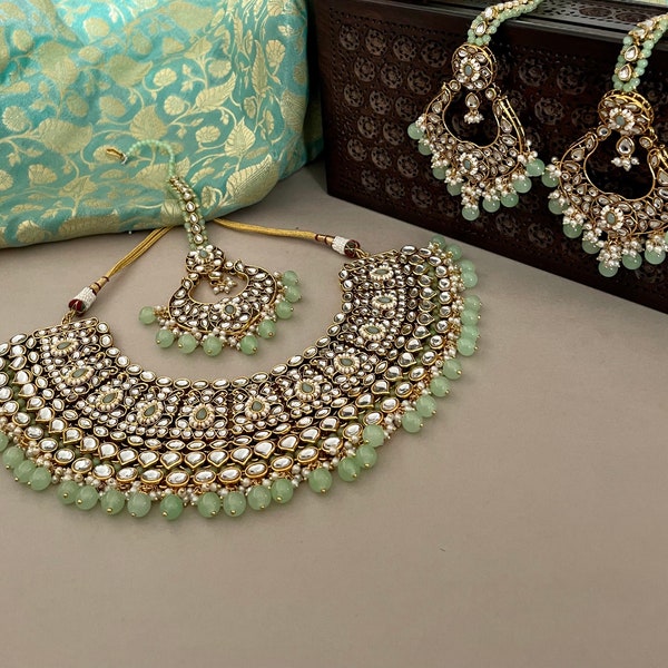 Mintgreen Bridal Kundan Jewelry Set/Bridal Choker Set/Bollywood Jewelry/Kundan Necklace Set/Kundan Chandbalis/Indian Jewelry Set/Tika Set