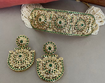 Conjunto de joyas Jadau verde/Conjunto de gargantilla verde/Conjunto de collar Hyderabadi Jadau/Joyería de Bollywood/Joyería india/Joyería de boda
