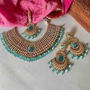 Blue Bridal Jewelry Set/Kundan Bridal Set/Kundan Necklace Set/Tika Set/Indian Jewelry/Bollywood Jewelry/Wedding Jewellery