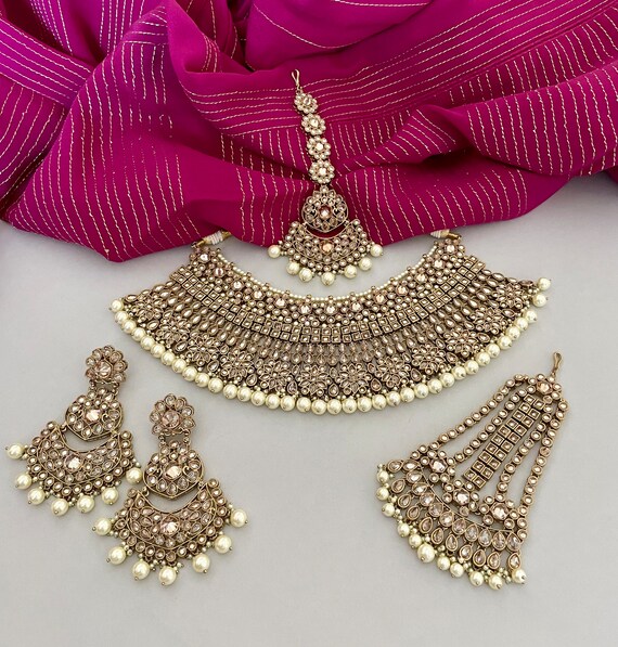 Indian Bridal Jewelry Set gold Choker Set polki Bridal Necklace