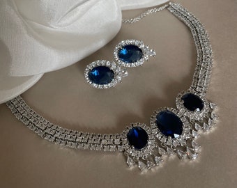 Sapphire Blue Diamond Set/American Diamond Set/CZ Set/Cocktail Necklace Set/Diamond Earrings/Cubic Zirconia/Indian Jewelry Set/Wedding Set