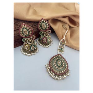 Multicolour Polki Jewelry Set/Jhumkas and Tika Set/Jhumka Earrings/Tikka/Polki Tika Set/Indian Bridal Jewelry/Mehndi Jewelry/Wedding Jewelry