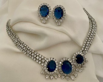 Sapphire Blue Diamond Set/American Diamond Set/CZ Set/Cocktail Necklace Set/Diamond Earrings/Cubic Zirconia/Indian Jewelry Set/Wedding Set