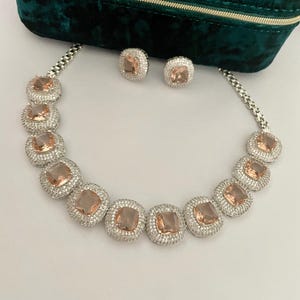 Stylish Champagne Stones Choker Set with Earrings & Teeka (DZ16496)