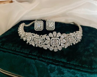 Clear Diamond Choker Set/American Diamond Set/Gift for Her/Cubic Zirconia Set/Cocktail Jewelry Set/Indian Jewelry/Wedding Set/Crystal Choker
