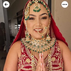 Indian Bridal Jewelry Set/Full Bridal Set/Emerald Green Kundan Necklace Set/Bollywood Jewelry/Indian Jewelry/Kaanchain Earrings/Wedding Set