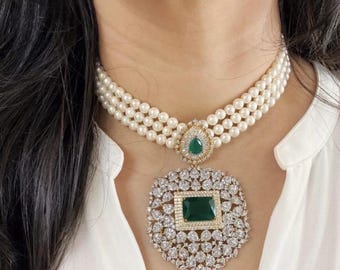 Smaragd grün amerikanischer Diamant & Perlen Halskette Set / Cocktail Set / CZ Schmuck Set / Cubic Zirkonia / indische Hochzeitsschmuck Set