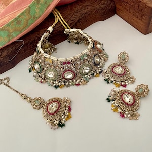 Multicolour Necklace Set/Polki Necklace Set/Mehndi Polish Jewelry Set/Kundan Set/Tikka Set/Wedding Jewelry/Bridal Set/Indian Jewelry Set