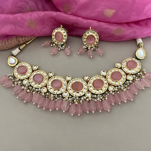 Pink Choker Necklace Set/Kundan Jewelry Set/Tika Set/Indian Jewelry Set/Bollywood Jewelry/Wedding Set/Punjabi Jewellery