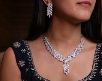 Diamond Set/American Diamond Set/CZ Set/Cocktail Necklace Set/Diamond Earrings/Cubic Zirconia/Indian Jewelry Set/Wedding Set