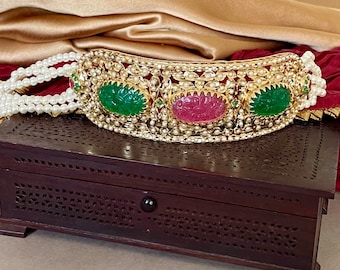 Roze en groene Jadau-sieradenset/Jadau-chokerset/Hyderabadi Jadau-set/Bollywood-sieraden/Indiase sieraden/bruiloftketting