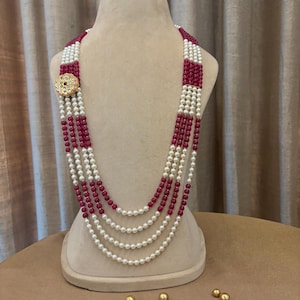 Red and White Kundan Groom Mala/Kundan Groom Necklace/Pearls Groom Necklace/Men Jewelry/Dulha Mala/Wedding Jewelry/Indian Sherwani Mala
